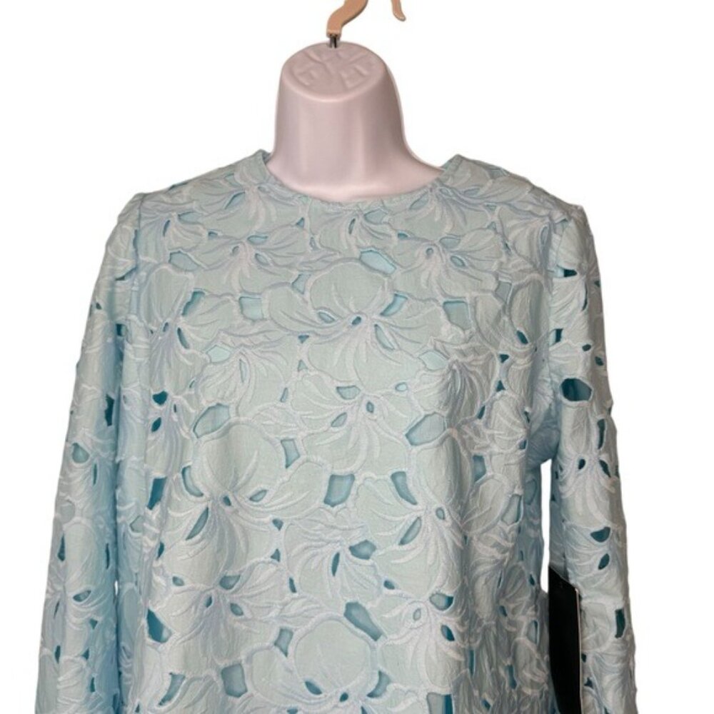 Tuckernuck NEW Aqua Floral Lace Camilla Long Flared Sleeve Mini Dress Size L - Picture 9 of 12